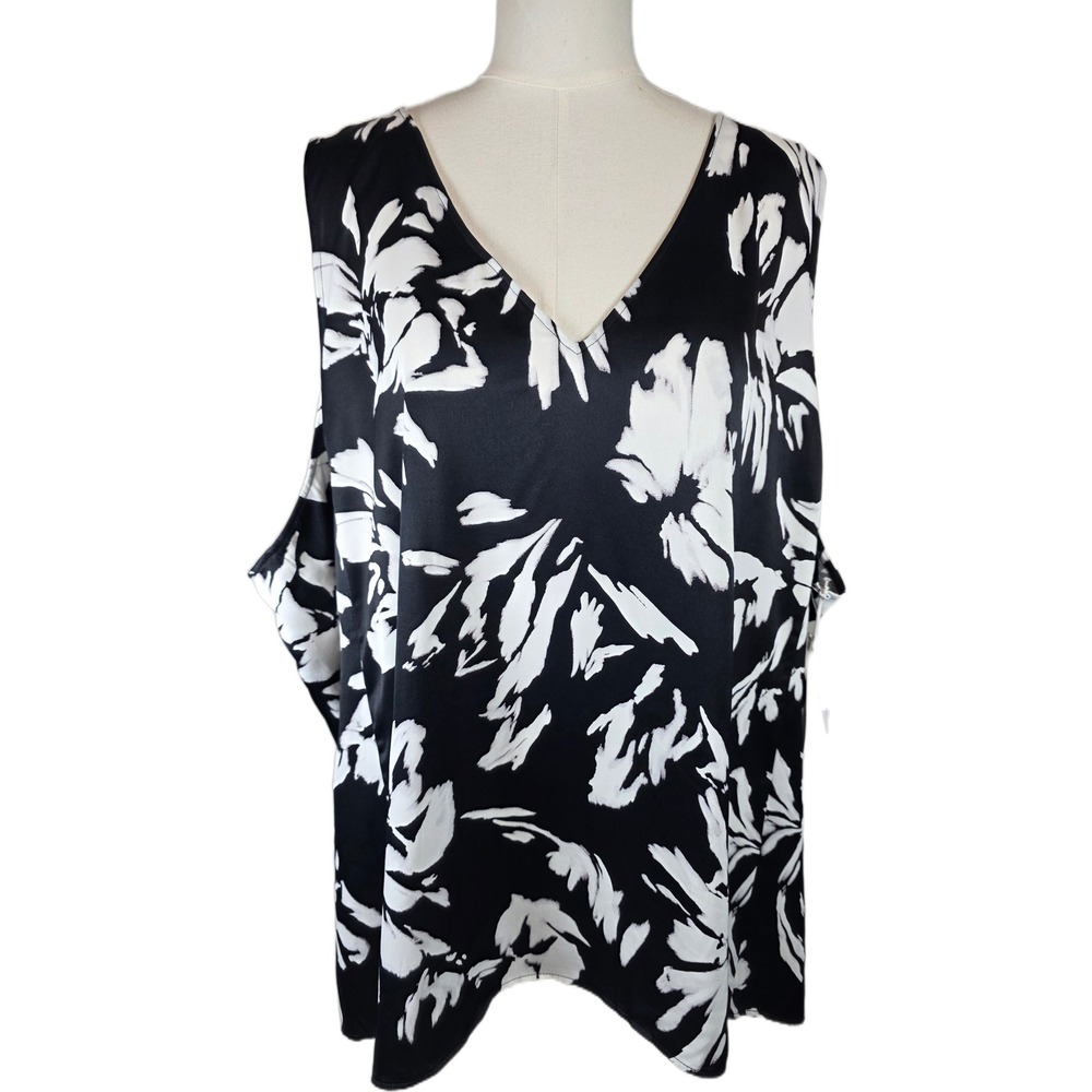 Nordstrom Women's 4X Black & White Floral Hi-Lo V-Neck‎ Sleeveless Blouse